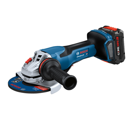 A blue Bosch Professional battery angle grinder on a surface.