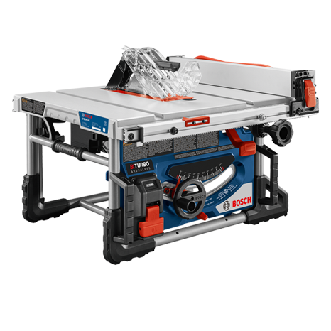 A Bosch Professional table saw stands on a white background.