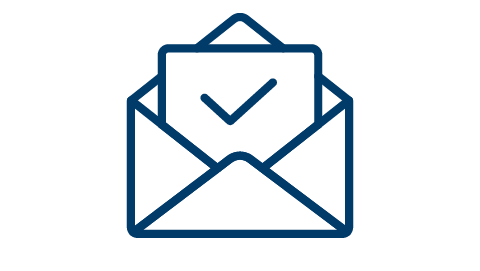 Blue letter icon with a checkmark in the middle on a white background.