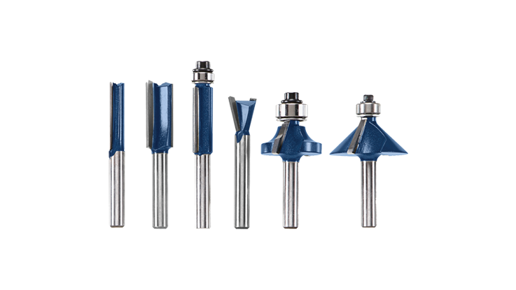 Five blue Bosch Professional routers with metal handles arranged.